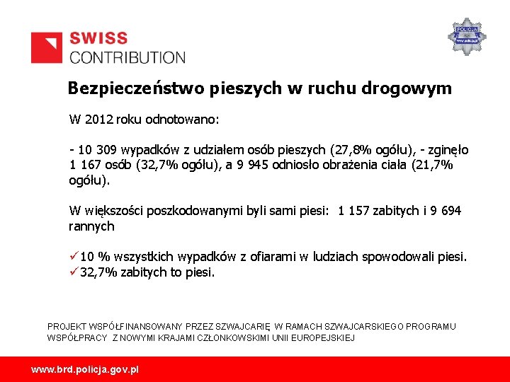 Bezpieczeństwo pieszych w ruchu drogowym W 2012 roku odnotowano: - 10 309 wypadków z