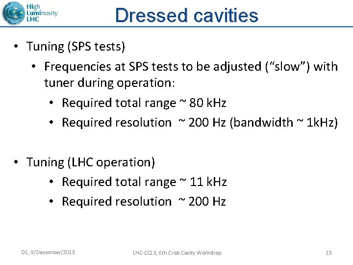 Dressed cavities • Tuning (SPS tests) • Frequencies at SPS tests to be adjusted