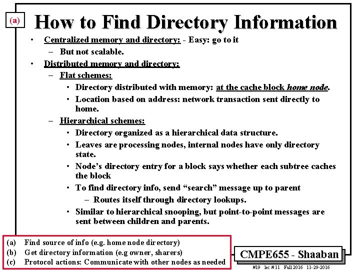 How to Find Directory Information (a) • • Centralized memory and directory: - Easy: