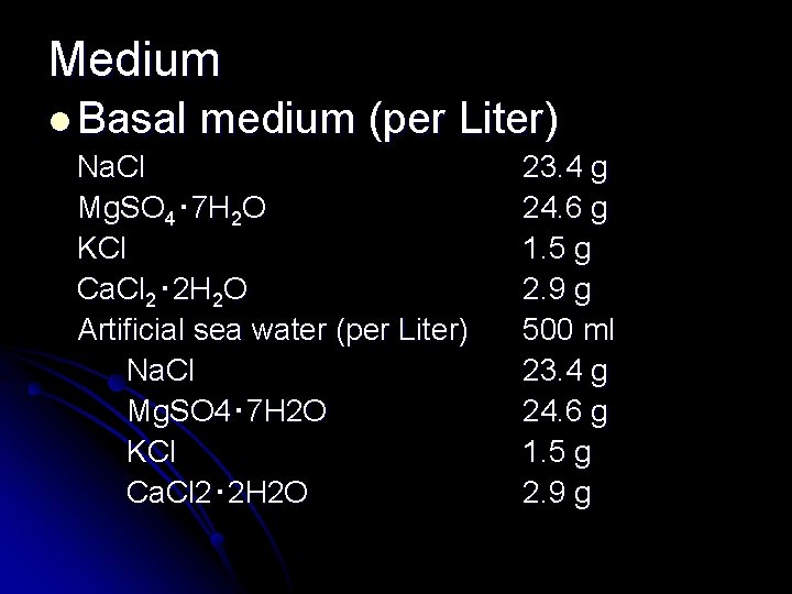 Medium l Basal medium (per Liter) Na. Cl Mg. SO 4‧ 7 H 2