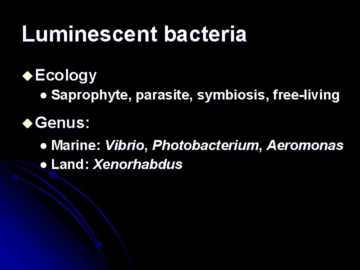 Luminescent bacteria u Ecology l Saprophyte, parasite, symbiosis, free-living u Genus: l Marine: Vibrio,