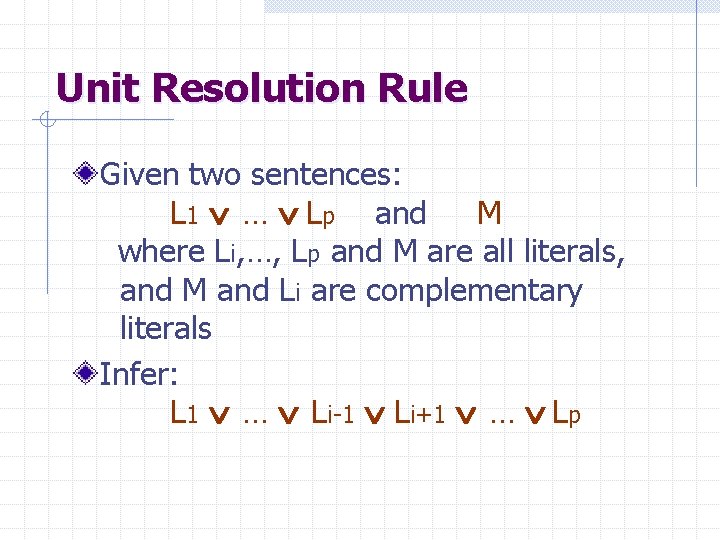 Unit Resolution Rule Given two sentences: L 1 … Lp and M where Li,