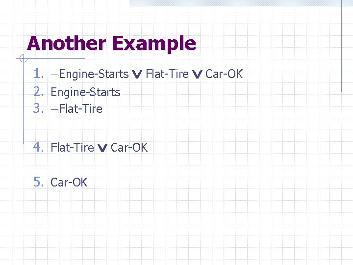 Another Example 1. Engine-Starts Flat-Tire Car-OK 2. Engine-Starts 3. Flat-Tire 4. Flat-Tire Car-OK 5.