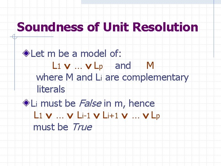 Soundness of Unit Resolution Let m be a model of: L 1 … Lp