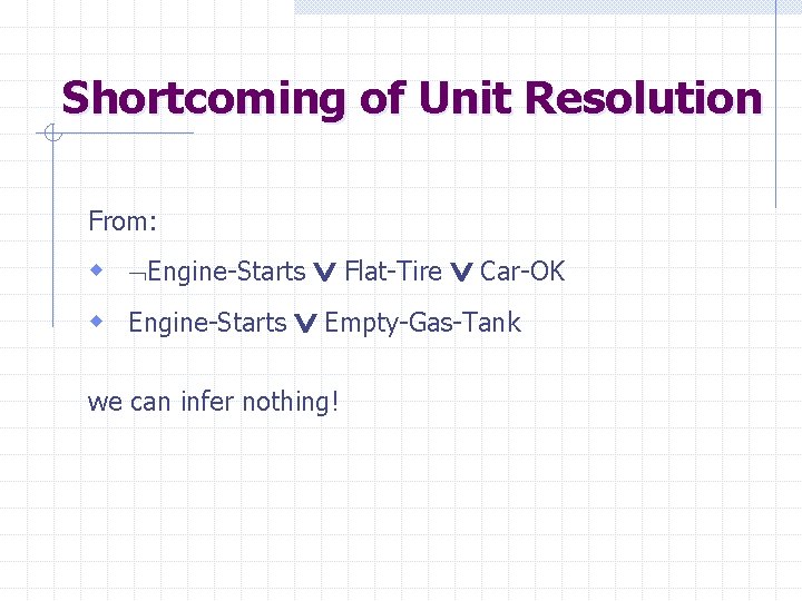 Shortcoming of Unit Resolution From: w Engine-Starts Flat-Tire Car-OK w Engine-Starts Empty-Gas-Tank we can