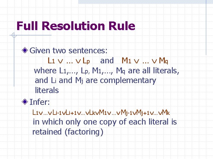 Full Resolution Rule Given two sentences: L 1 … Lp and M 1 …