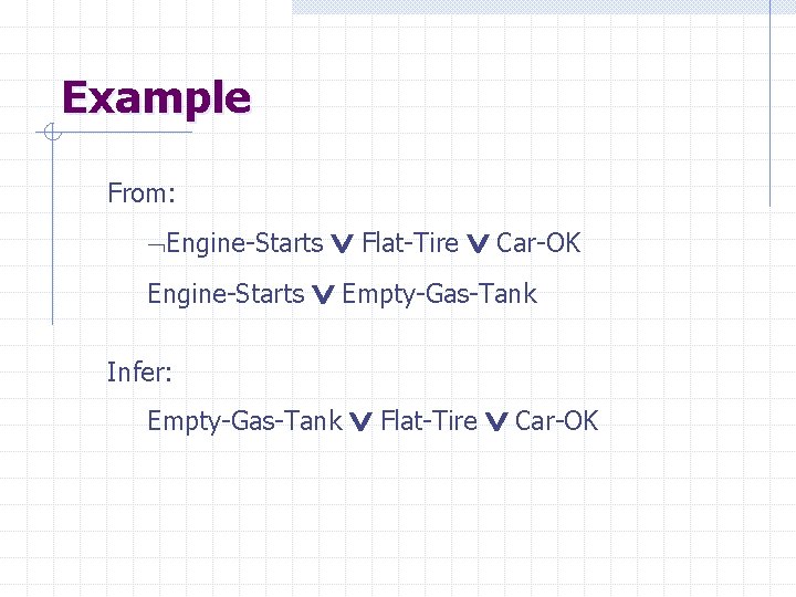 Example From: Flat-Tire Car-OK Engine-Starts Empty-Gas-Tank Engine-Starts Infer: Empty-Gas-Tank Flat-Tire Car-OK 