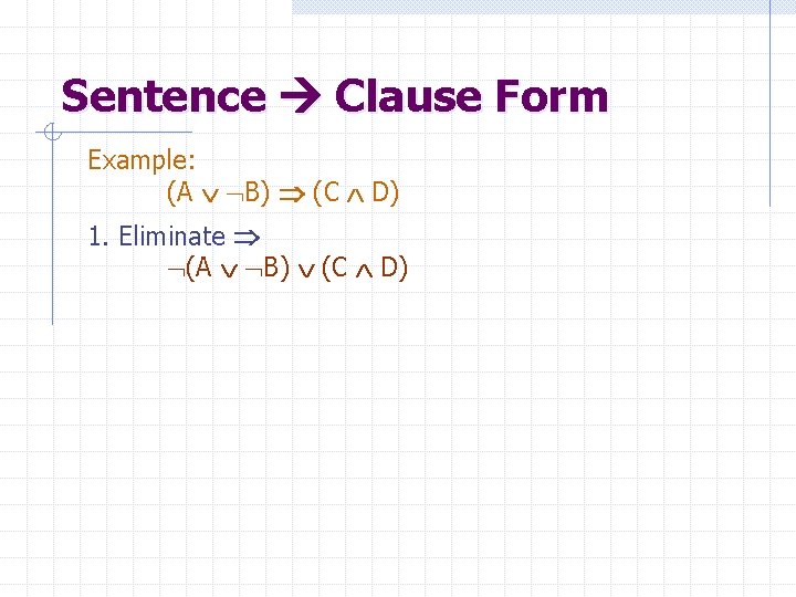 Sentence Clause Form Example: (A B) (C D) 1. Eliminate (A B) (C D)