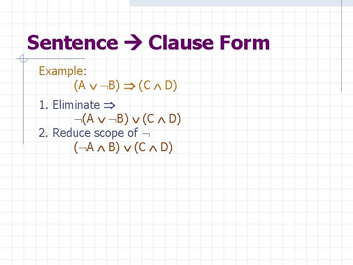 Sentence Clause Form Example: (A B) (C D) 1. Eliminate (A B) (C D)