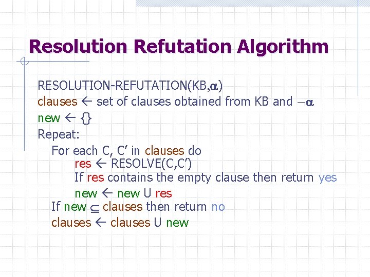 Resolution Refutation Algorithm RESOLUTION-REFUTATION(KB, a) clauses set of clauses obtained from KB and a