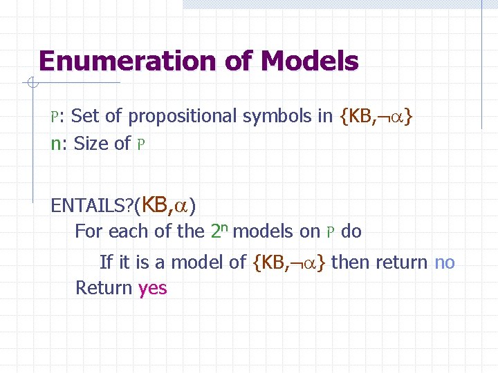Enumeration of Models P: Set of propositional symbols in {KB, } n: Size of