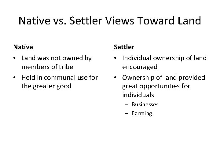 Native vs. Settler Views Toward Land Native Settler • Land was not owned by