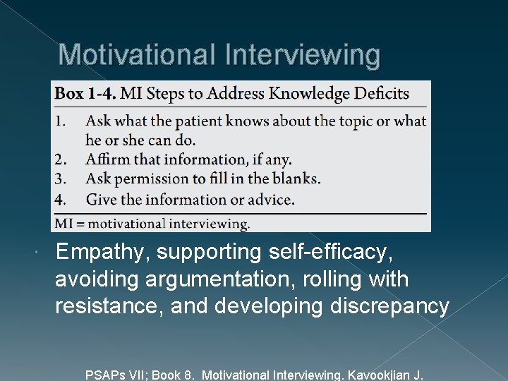 Motivational Interviewing Empathy, supporting self-efficacy, avoiding argumentation, rolling with resistance, and developing discrepancy PSAPs