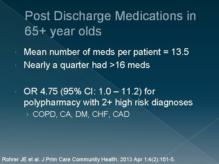 Post Discharge Medications in 65+ year olds Mean number of meds per patient =