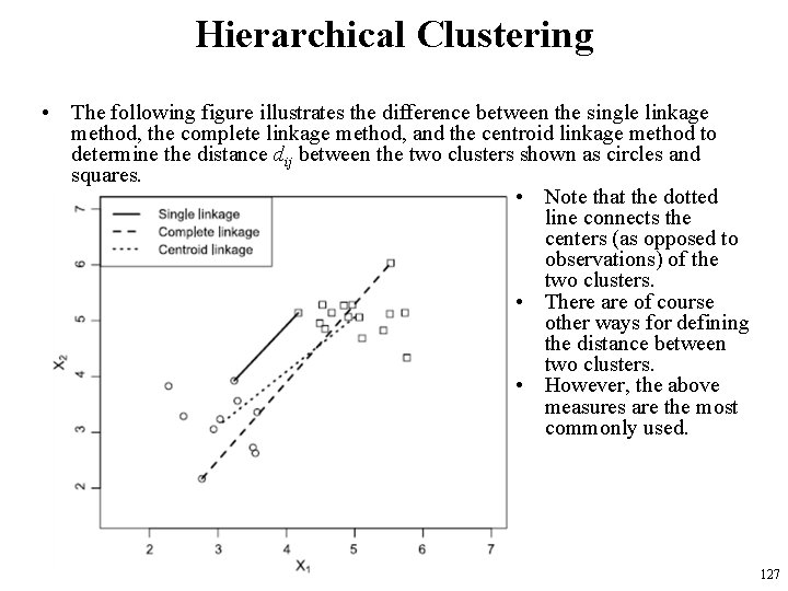 Hierarchical Clustering • The following figure illustrates the difference between the single linkage method,