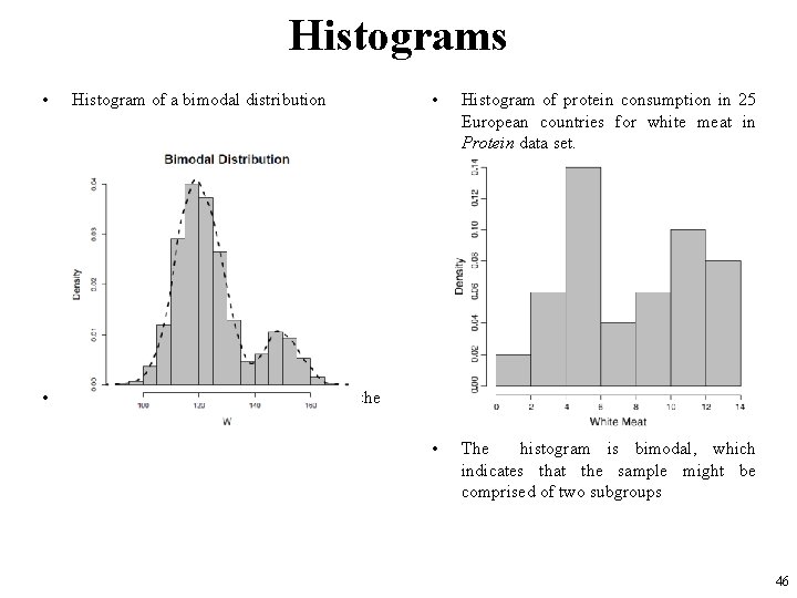 Histograms • Histogram of a bimodal distribution • A smooth curve is superimposed so