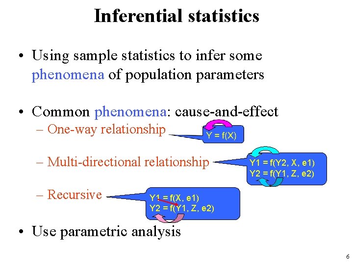 Inferential statistics • Using sample statistics to infer some phenomena of population parameters •