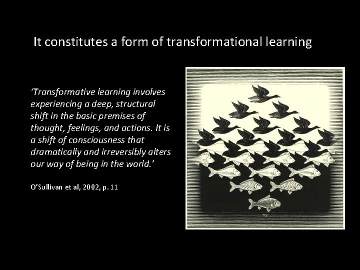 It constitutes a form of transformational learning ‘Transformative learning involves experiencing a deep, structural