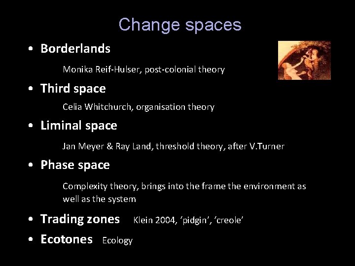 Change spaces • Borderlands Monika Reif-Hulser, post-colonial theory • Third space Celia Whitchurch, organisation
