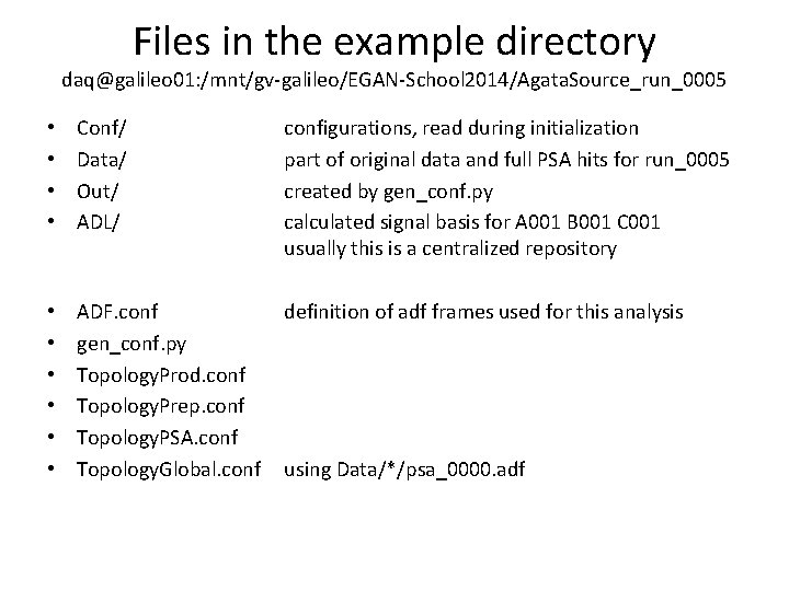 Files in the example directory daq@galileo 01: /mnt/gv-galileo/EGAN-School 2014/Agata. Source_run_0005 • • Conf/ Data/
