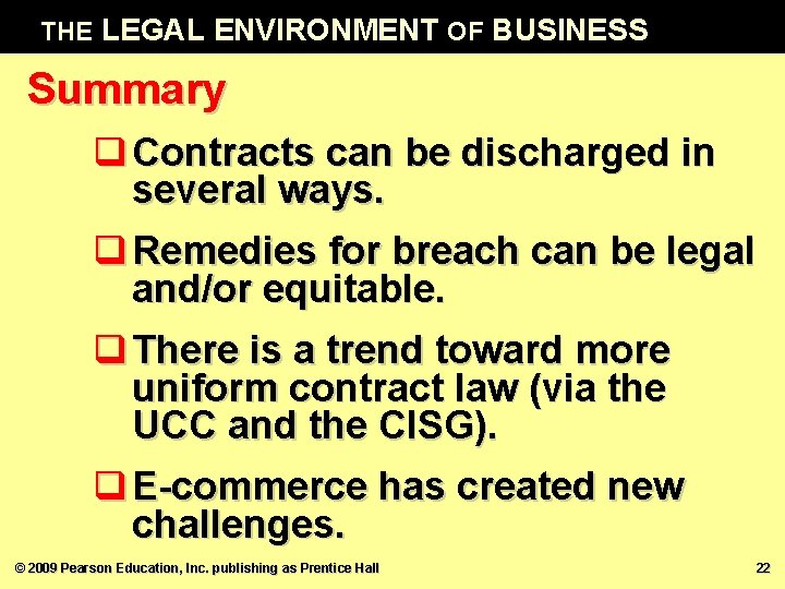 THE LEGAL ENVIRONMENT OF BUSINESS Summary q Contracts can be discharged in several ways.