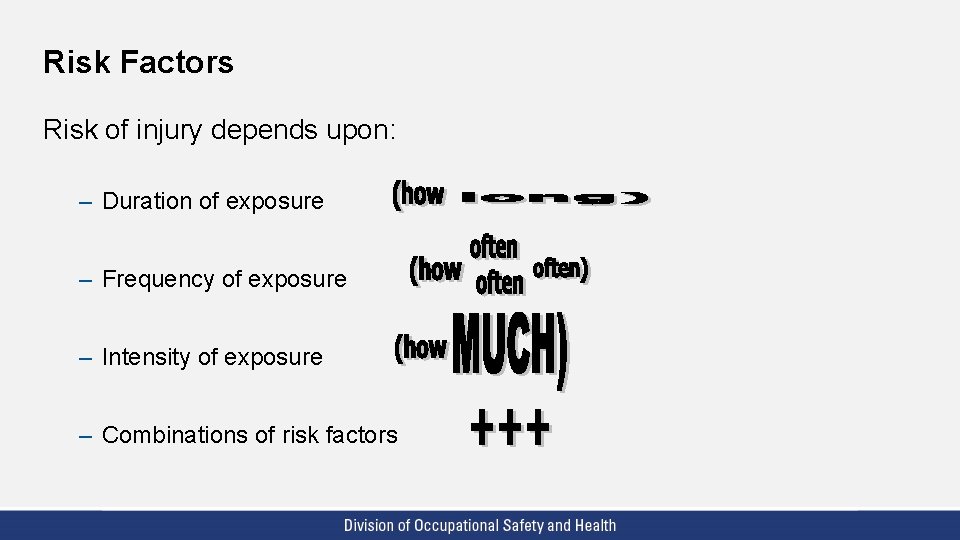 Risk Factors Risk of injury depends upon: – Duration of exposure – Frequency of