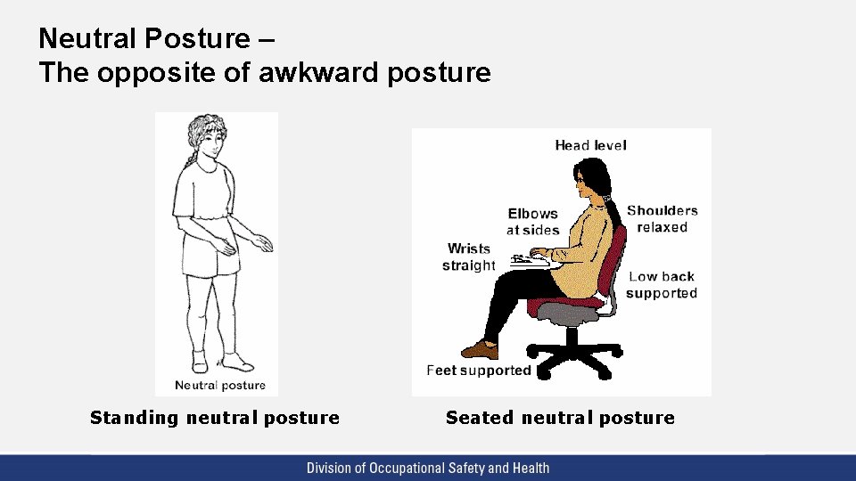 Neutral Posture – The opposite of awkward posture Standing neutral posture Seated neutral posture