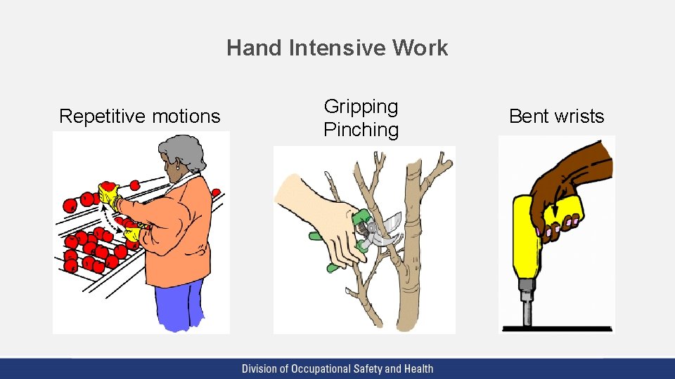 Hand Intensive Work Repetitive motions Gripping Pinching Bent wrists 