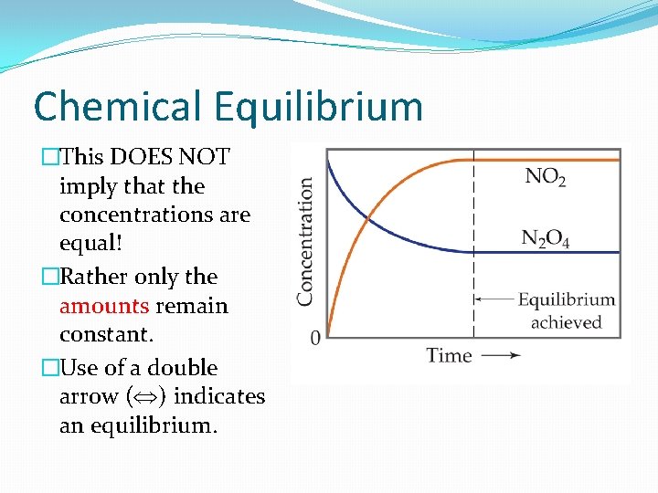 Chemical Equilibrium �This DOES NOT imply that the concentrations are equal! �Rather only the