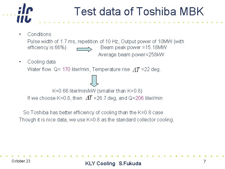 Test data of Toshiba MBK • • Conditions Pulse width of 1. 7 ms,