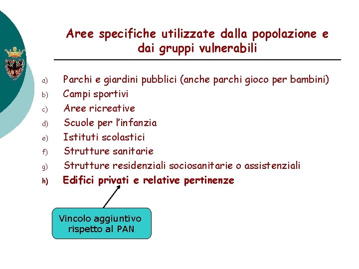 Aree specifiche utilizzate dalla popolazione e dai gruppi vulnerabili a) b) c) d) e)