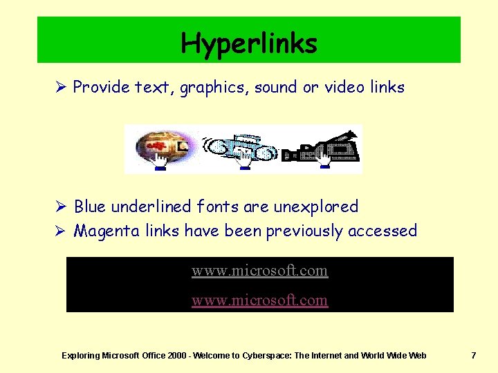 Hyperlinks Ø Provide text, graphics, sound or video links Ø Blue underlined fonts are