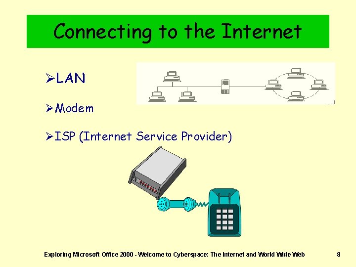 Connecting to the Internet ØLAN ØModem ØISP (Internet Service Provider) Exploring Microsoft Office 2000