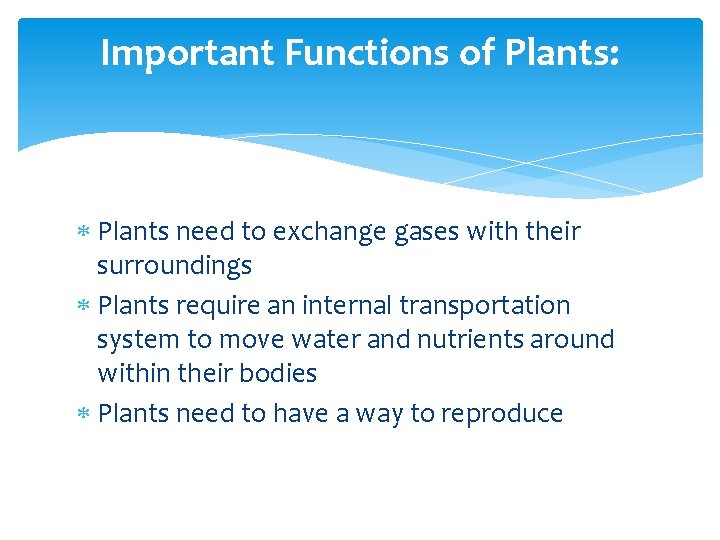 Important Functions of Plants: Plants need to exchange gases with their surroundings Plants require