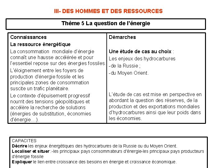 III- DES HOMMES ET DES RESSOURCES Thème 5 La question de l’énergie Connaissances La