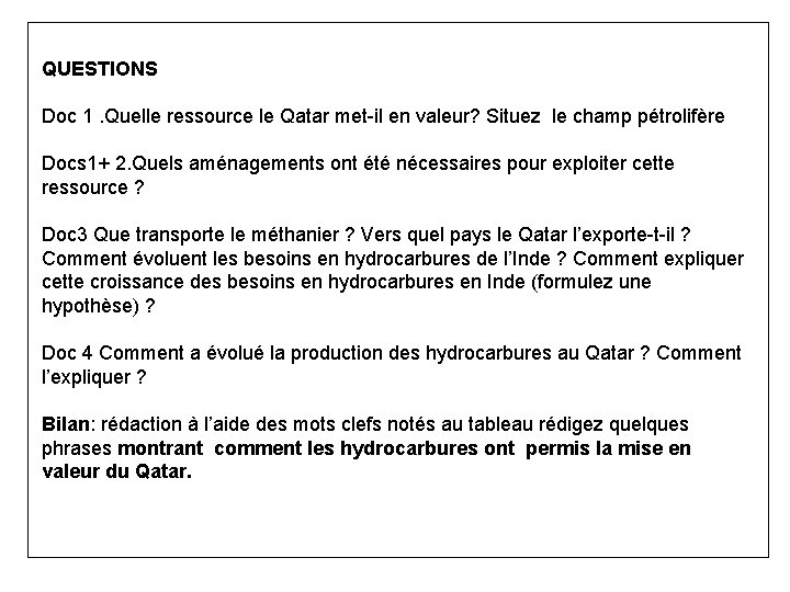 QUESTIONS Doc 1. Quelle ressource le Qatar met-il en valeur? Situez le champ pétrolifère