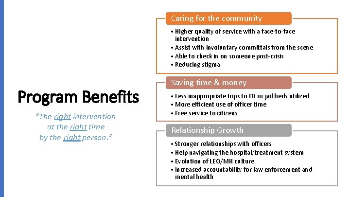 Caring for the community • Higher quality of service with a face-to-face intervention •
