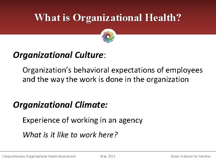 What is Organizational Health? Organizational Culture: Organization’s behavioral expectations of employees and the way
