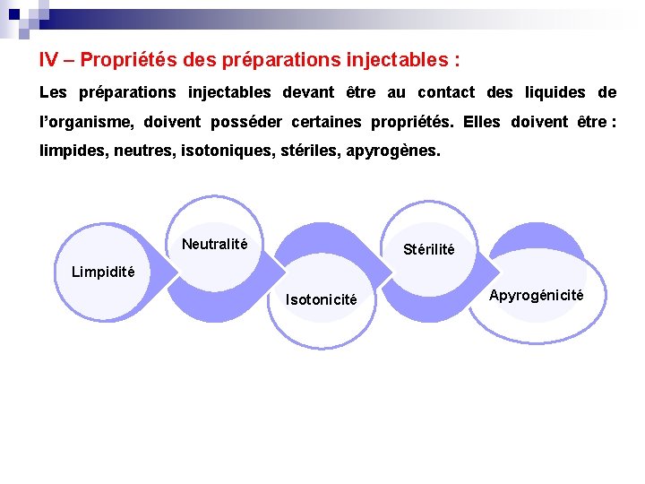 IV – Propriétés des préparations injectables : Les préparations injectables devant être au contact