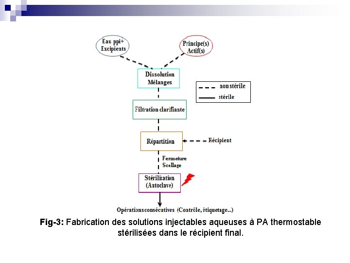 Fig-3: Fabrication des solutions injectables aqueuses à PA thermostable stérilisées dans le récipient final.