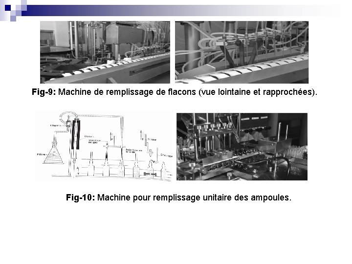 Fig-9: Machine de remplissage de flacons (vue lointaine et rapprochées). Fig-10: Machine pour remplissage