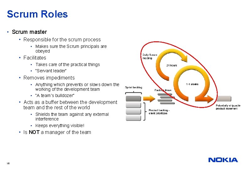 Scrum Roles • Scrum master • Responsible for the scrum process • Makes sure