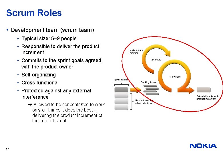 Scrum Roles • Development team (scrum team) • Typical size: 5– 9 people •