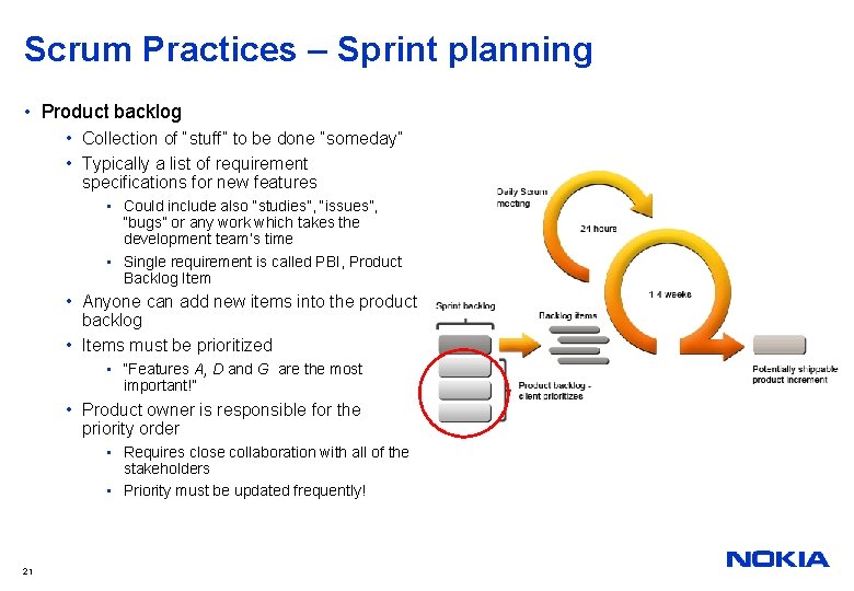 Scrum Practices – Sprint planning • Product backlog • Collection of “stuff” to be