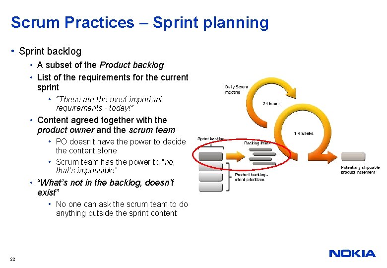Scrum Practices – Sprint planning • Sprint backlog • A subset of the Product