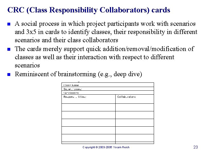 CRC (Class Responsibility Collaborators) cards n n n A social process in which project