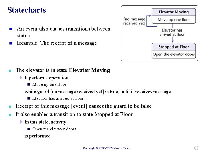 Statecharts n n = An event also causes transitions between states Example: The receipt