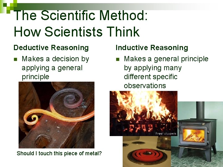 The Scientific Method: How Scientists Think Deductive Reasoning n Makes a decision by applying