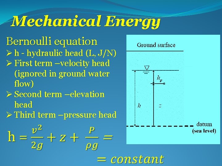 Mechanical Energy Bernoulli equation Ø h - hydraulic head (L, J/N) Ø First term