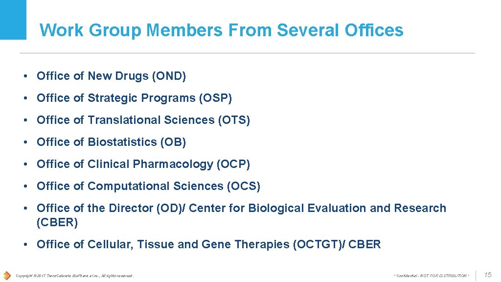 Work Group Members From Several Offices • Office of New Drugs (OND) • Office